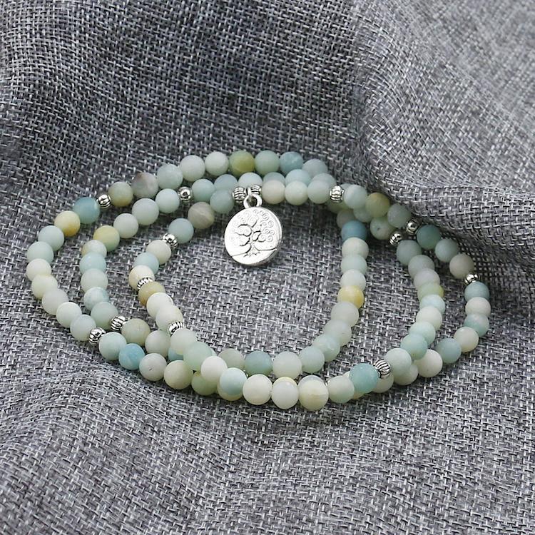 108 Mala Prayer Beads, Frosted Amazonite, Tree of Life Charm: Bracelet, Necklace - FabulousLife