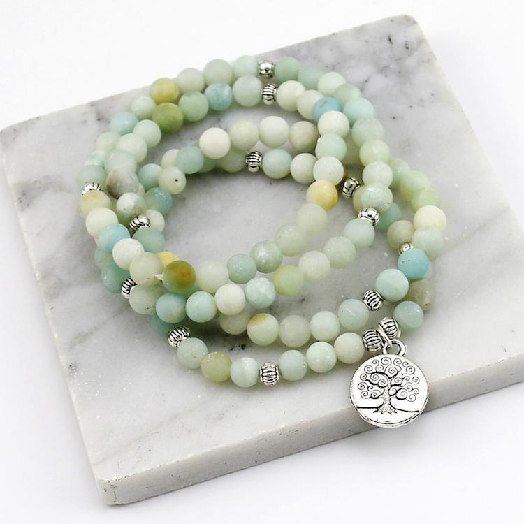 108 Mala Prayer Beads, Frosted Amazonite, Tree of Life Charm: Bracelet, Necklace - FabulousLife