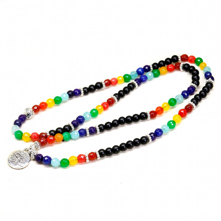 108 Bead Mala 7 Chakra Meditation Bracelet, 6mm Beads: Tree of Life or OM Charm - FabulousLife