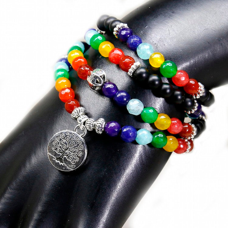 108 Bead Mala 7 Chakra Meditation Bracelet, 6mm Beads: Tree of Life or OM Charm - FabulousLife