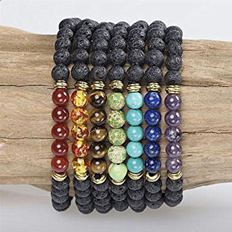 7 Chakra Bracelets: 8 mm Lava Beads, Healing Jewelry, Buddha Beads Purple Amethyst