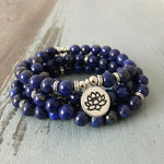 108 Bead Mala, 6mm Blue Lapis Beads, Bracelet with Lotus Charm - FabulousLife