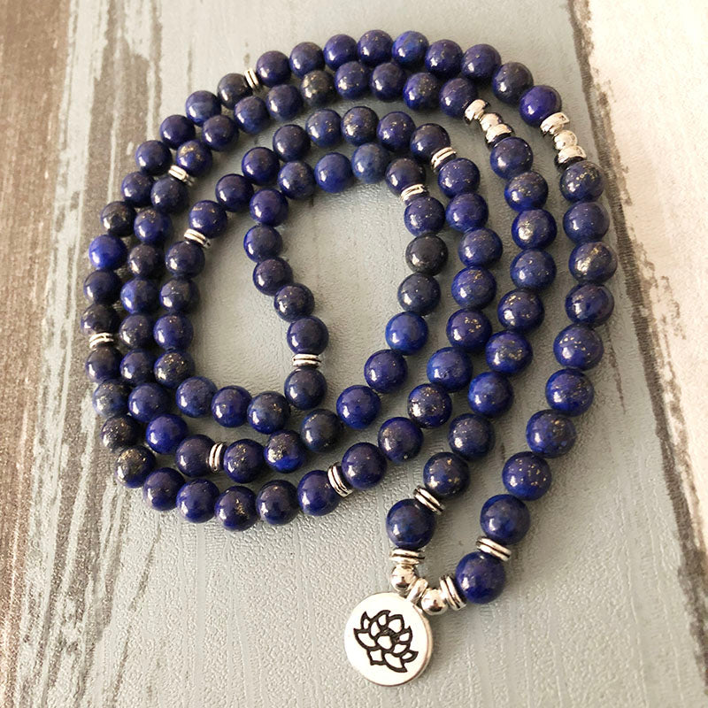 108 Bead Mala, 6mm Blue Lapis Beads, Bracelet with Lotus Charm - FabulousLife