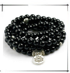 108 Bead Mala Natural Black Onyx 8mm Beads, Lotus Charm, Bracelet, Necklace - FabulousLife