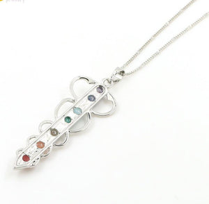 Stone Pendant Necklace Representing 7 Chakras; Energy Stones, Platinum Plated Chain - FabulousLife