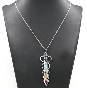 Stone Pendant Necklace Representing 7 Chakras; Energy Stones, Platinum Plated Chain - FabulousLife