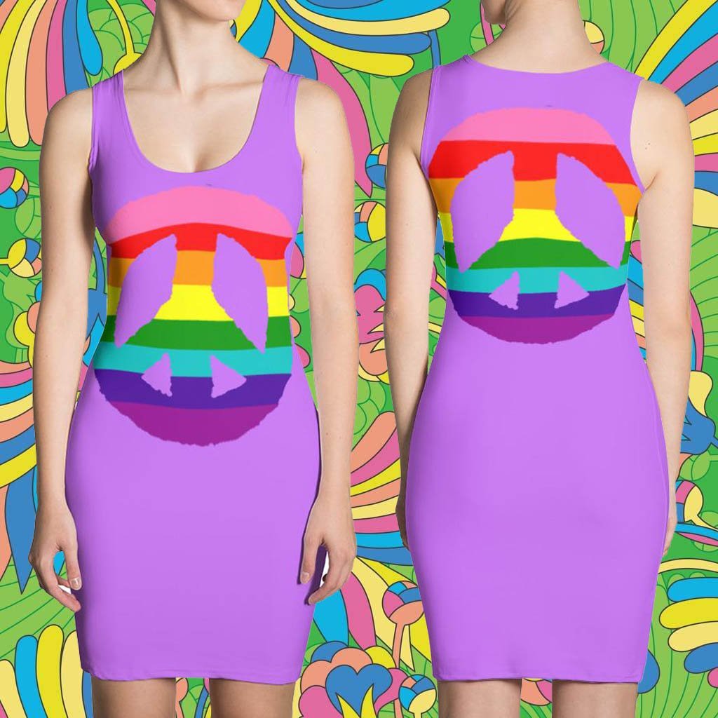 Rainbow Peace Sign on Lavender Slim-Fitted Dress, Custom Design, Unique to FabulousLife101 - FabulousLife